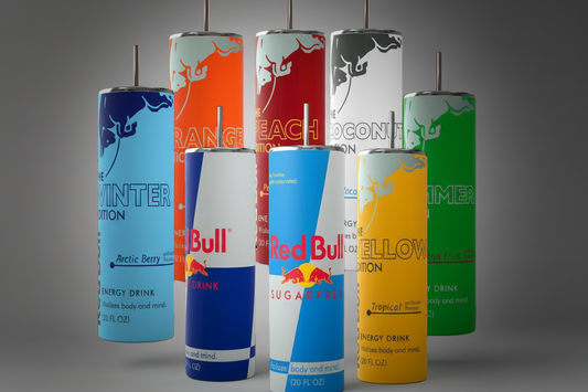 A collection of 20oz Tumblers from Kreative Kreationz, each displaying a different Red Bull flavor and distinct vibrant color. Arranged from left to right: Winter Edition (blue), Orange Edition (orange), Beach Edition (peach), Coconut Edition (white), Summer Edition (green), Original (silver), Sugarfree (white and blue stripe), and Tropical (yellow). Perfect for carrying your favorite energy drink without worrying about spills.