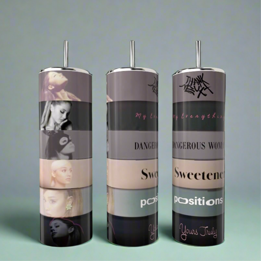 The Ariana Grande Album Aesthetic 20oz Tumbler by Kreative Kreationz features stacked album covers, photos, and titles—including "Dangerous Woman," "Sweetener," "Positions," and "Yours Truly"—perfect for any fan!.