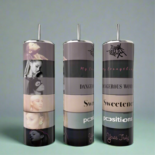 The Ariana Grande Album Aesthetic 20oz Tumbler by Kreative Kreationz features stacked album covers, photos, and titles—including "Dangerous Woman," "Sweetener," "Positions," and "Yours Truly"—perfect for any fan!.