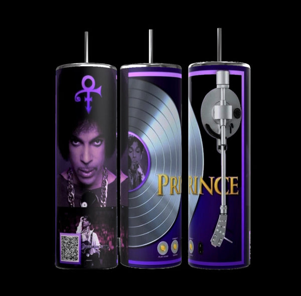 The Kreative Kreationz Prince 20oz Tumbler features a purple theme, Prince images, silver record, name, turntable arm, music symbols, concert photo, and working QR code—all set against a black background.