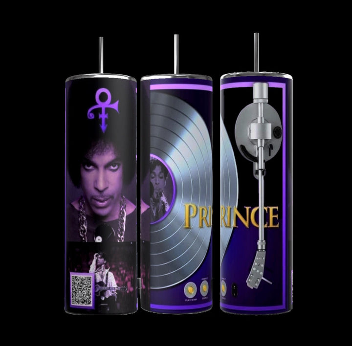 The Kreative Kreationz Prince 20oz Tumbler features a purple theme, Prince images, silver record, name, turntable arm, music symbols, concert photo, and working QR code—all set against a black background.