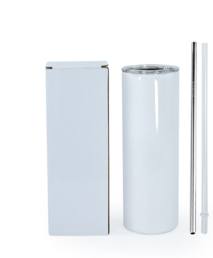 Three tall, cylindrical Kreative Kreationz Michael Kors Design Inspired White and Brown 20oz Tumblers, featuring brown strap designs and repeating "MK" initials in the background. These durable tumblers come with metal straws and keep beverages hot or cold, set against a blurred city lights background.