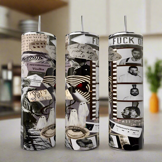 Kreative Kreationz presents the Post Malone Filmstrip Tumblers, featuring artistic black and white collages with photos, text snippets, eyes, ghosts, film strips, and words. These luxurious stainless steel designs stand elegantly against a blurred indoor background.