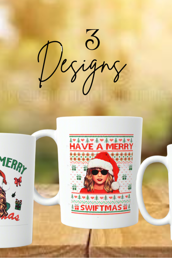 The Kreative Kreationz Merry Swiftmas Taylor Swift Ceramic Mug features festive designs with a woman in a Santa hat, holiday graphics, and “Have a Merry Swiftmas”—the perfect gift for any Swiftie.