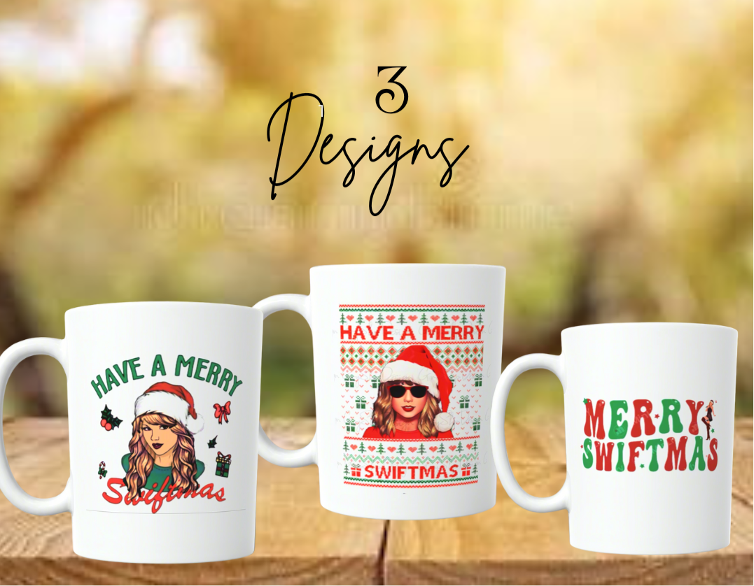 The Kreative Kreationz Merry Swiftmas Taylor Swift Ceramic Mug features festive designs with a woman in a Santa hat, holiday graphics, and “Have a Merry Swiftmas”—the perfect gift for any Swiftie.