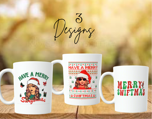 The Kreative Kreationz Merry Swiftmas Taylor Swift Ceramic Mug features festive designs with a woman in a Santa hat, holiday graphics, and “Have a Merry Swiftmas”—the perfect gift for any Swiftie.