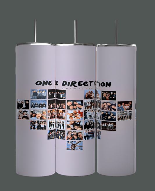 Kreative Kreationz offers the One Direction Heart Collage 20oz Stainless Steel Tumbler, featuring a photo collage of the band against a light backdrop with "One Direction" elegantly printed above.