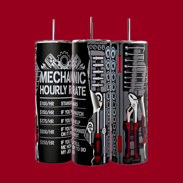 Three stainless steel Kreative Kreationz 20oz Tumblers in red showcase a "Mechanics Hourly Rate" chart with tool illustrations, humorously listing rates from $100 to $250 for watching, helping, or advising.