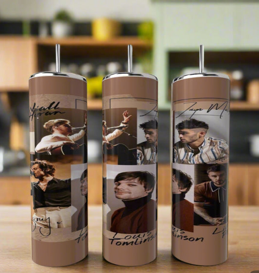 The Kreative Kreationz Liam Payne 20oz tumbler stands on a kitchen counter, featuring collage-style photos and signatures of the One Direction member. Blurred shelves and cabinets appear in the background.