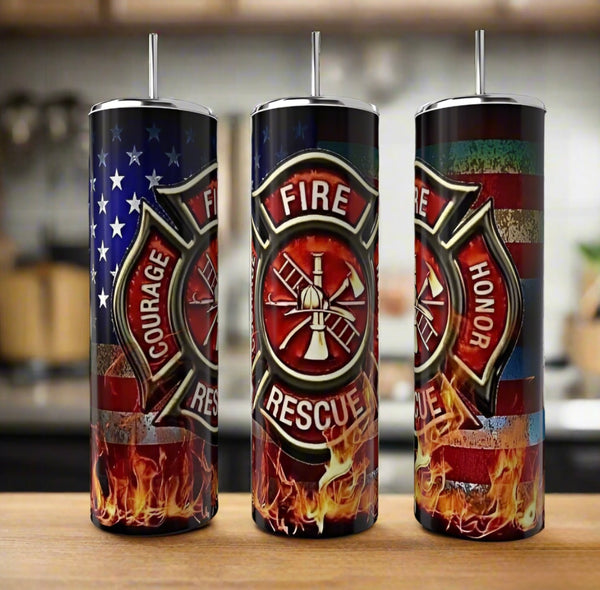 Three Kreative Kreationz Fire & Rescue 20oz Skinny Tumblers with firefighter emblems, flames, “Courage,” “Honor,” and “Rescue” text, plus American flag designs. Eco-friendly and reusable stainless steel on a kitchen counter.