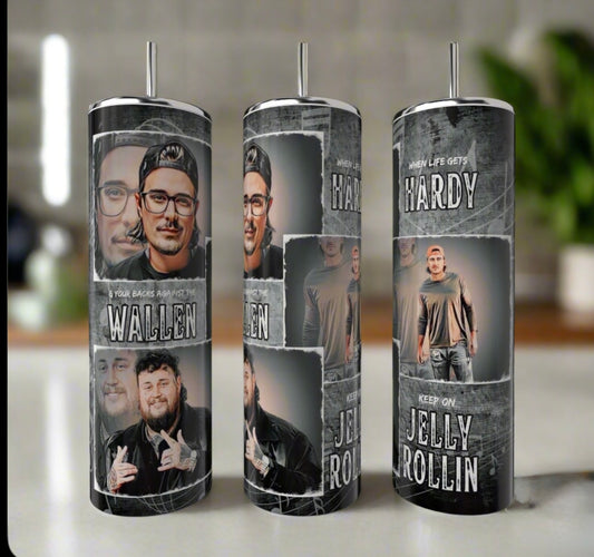 The Kreative Kreationz Morgan Wallen | Jelly Roll 20oz Tumblers are eco-friendly, reusable stainless steel cups with collage designs of men in casual clothes and hats, featuring the phrase: “When Life Gets Hardy, Keep on Jelly Rollin', If Your Back's Against the Wallen.”.