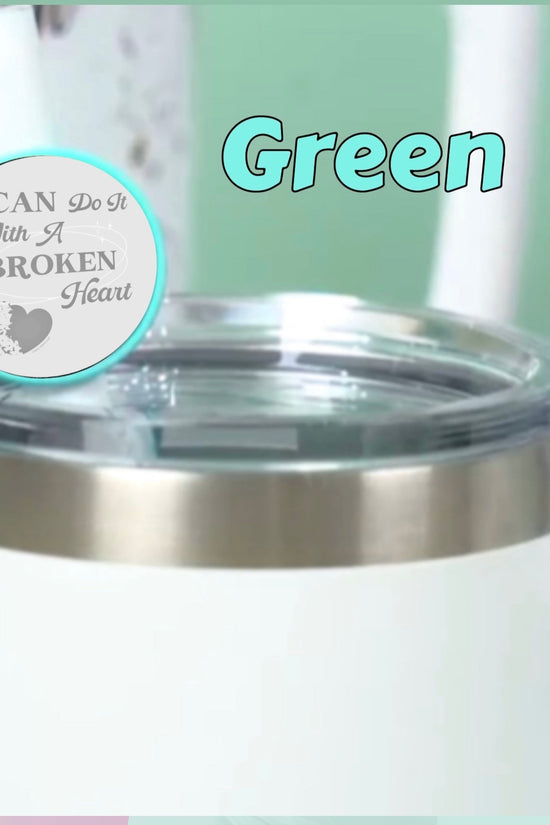 A white insulated mug features a clear lid and personalized straw topper from Kreative Kreationz. The text 