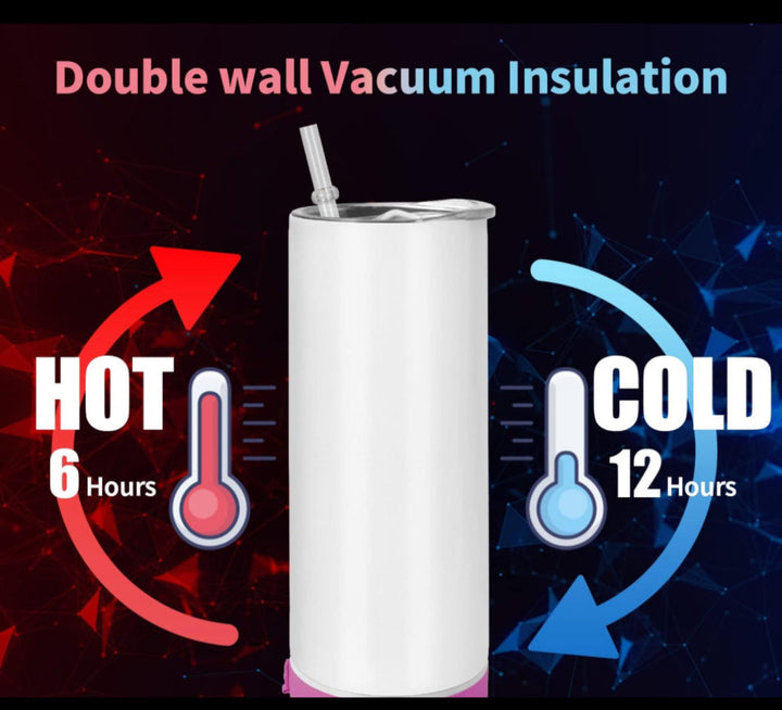 The Kreative Kreationz Fire Rescue 20oz Skinny Tumbler is shown with a straw between red and blue backgrounds, featuring double wall vacuum insulation to keep drinks hot for 6 hours or cold for 12 hours. Eco-friendly and reusable stainless steel design.