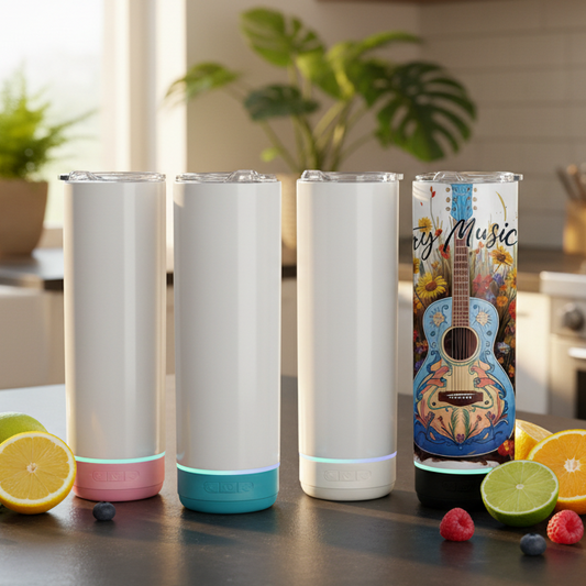Set of white tumblers with colorful accents on a kitchen counter, one featuring a guitar design.
