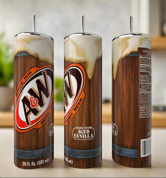 The Kreative Kreationz 20oz Skinny Tumbler features a classic can style with foamy tops, logos, and aged vanilla details—stainless steel, reusable, and perfect for your kitchen counter.