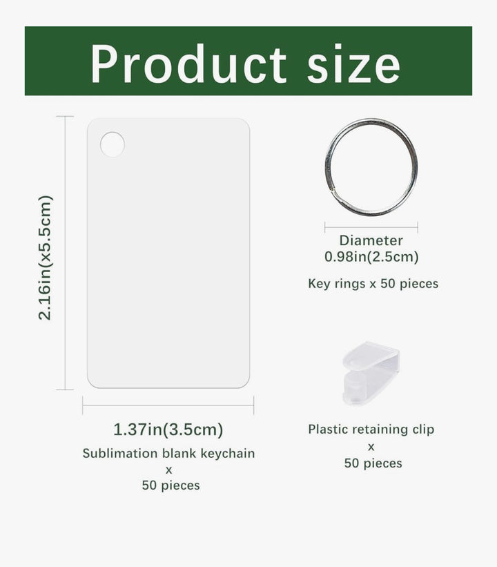 Product size diagram shows Annabelle Inspired Keychain blanks (2.16 x 1.37 in), key rings (0.98-in diameter), and plastic clips from Kreative Kreationz—each labeled as 50 pcs, ideal for custom, durable keychain sets.