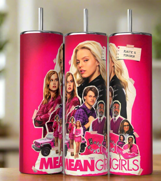 The Kreative Kreationz Mean Girls 20oz Tumblers feature three pink stainless steel cups with "Burn Book" and "Plastic is forever," adorned with characters in various outfits, all set against a vibrant school locker theme.