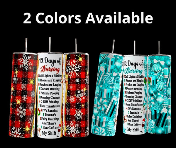Kreative Kreationz’s Nurse Christmas 20oz Tumblers feature the “12 Days of Nursing” on festive red plaid with snowflakes or teal with gift boxes. Set of four, labeled “2 Colors Available” on a black background.