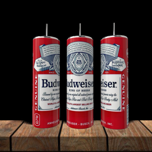 Three Budweiser 20oz Stainless Steel Tumblers by Kreative Kreationz with straws sit on a wooden surface against a black background, each featuring the classic Budweiser label and red, white, and blue design.