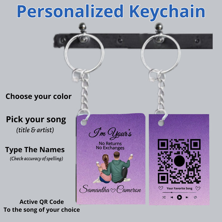 Two "Our Song Keychain" by Kreative Kreationz are shown on hooks, each with a purple rectangular tag. One displays "I'm Yours" with "Samantha" and "Cameron," while the other features a working QR code. Customization instructions are provided alongside.