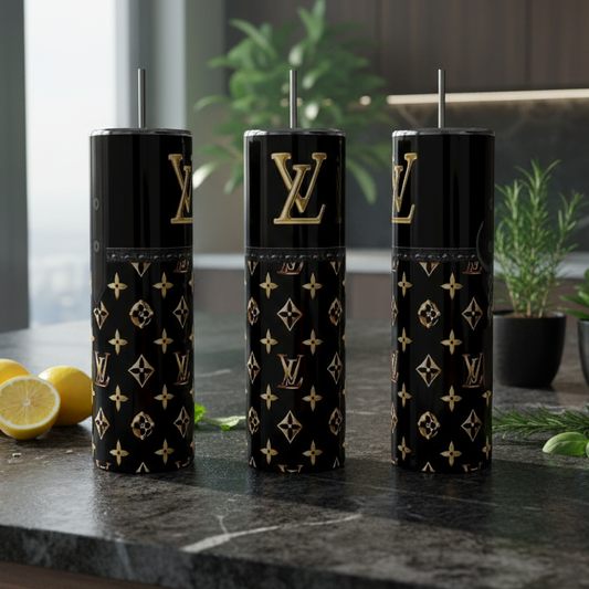 1 black tumbler shown as three to show a 360° view of the wrapped Tumbler with gold patterns on a kitchen counter.