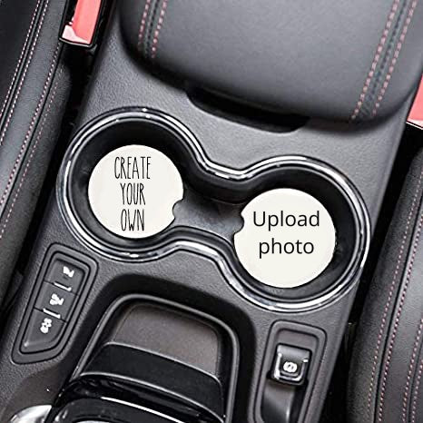 Kreative Kreationz Prrsonalized Car Coasters: a set of two ceramic coasters for your car's cup holders, one marked “CREATE YOUR OWN” and the other “Upload photo” for custom flair in your ride.