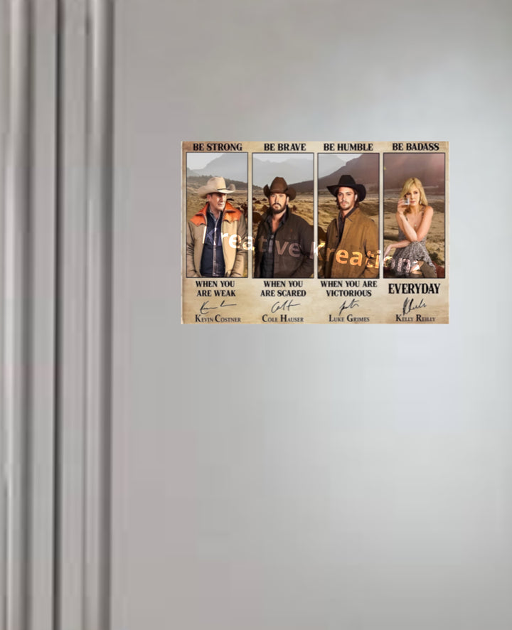A fridge magnet by Kreative Kreationz features four figures in Western attire with the phrases "Be Strong," "Be Brave," "Be Humble," and "Be Badass" in a shimmer finish—perfect for gaming collectible fans.