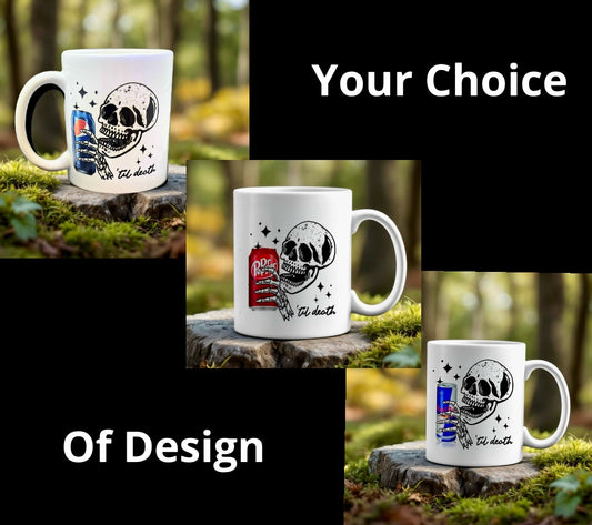 A collage displays three Kreative Kreationz mugs—Skull Ceramic Mug, Pepsi, and Red Bull—on mossy stumps. Black text reads “Your Choice Of Design.”.