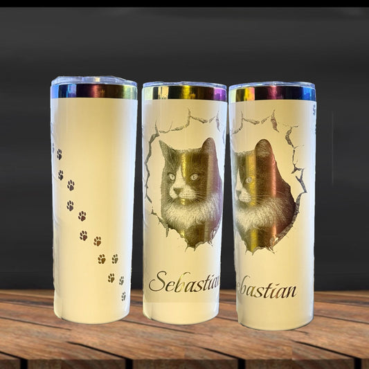 Laser-Engraved Pet Portrait Tumbler | 20oz Oil Slick Skinny Cup