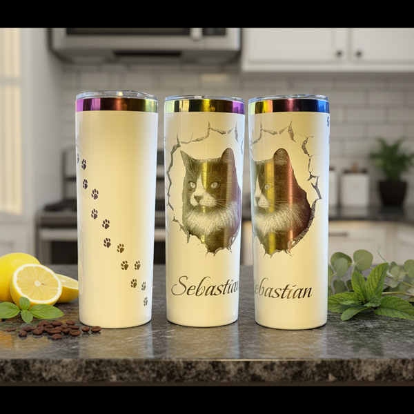 Laser-Engraved Pet Portrait Tumbler | 20oz Oil Slick Skinny Cup