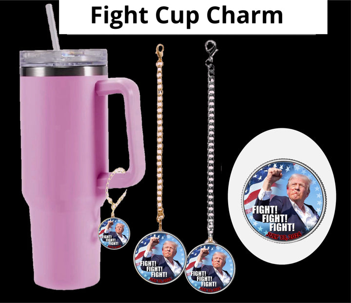 Enhance your tumbler with Kreative Kreationz's Fight Fight Fight Charm Dangle cup accessory. Featuring a man charm and the phrase "FIGHT! FIGHT! FIGHT!", choose from gold, silver, or rose gold chain variations for a trendy touch.