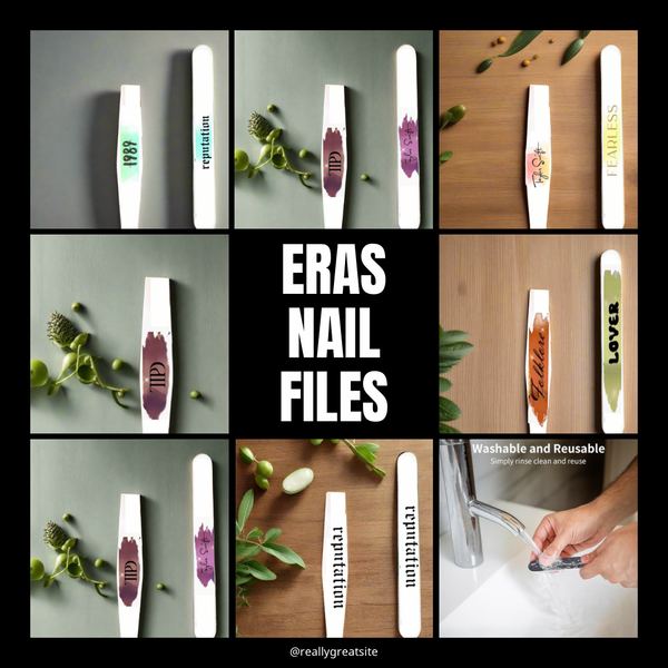 A collage features nine Kreative Kreationz "Eras | 180 GRIT Stainless Steel Emery Board" nail files, each uniquely labeled and colored. One image shows two washable, reusable files under running water, with greenery as decor in some shots.