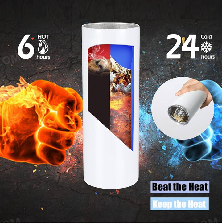 The Ginny & Georgia Collage Girls 20oz Tumbler by Kreative Kreationz is featured with vibrant graphics, keeping drinks hot for 6 hours or cold for 24. Text reads: "Beat the Heat, Keep the Heat." A hand holds the eco-friendly tumbler in an inset.