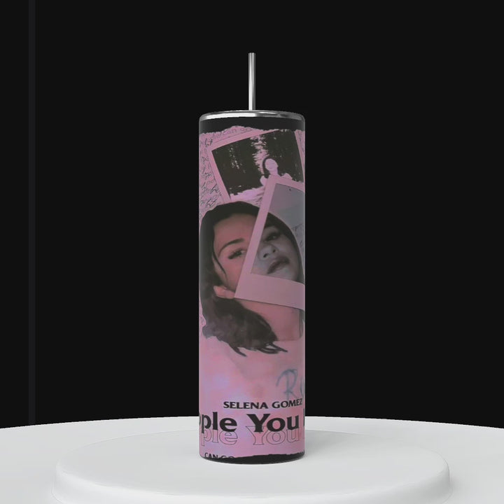 Three tall, tumblers personalized tumblers are shown. the wrapped tumbler features the name "Selena Gomez" and another polaroid image with Selena Gomez full face and the text "People You Know.". 